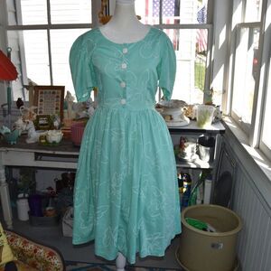 Vintage 80s Mint Green Floral Dress Puff Sleeve Cottagecore Prairie M